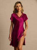 [Wine] SilkSilky-AU Short Sleeve V Neck Nightgown 003