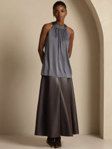 [Dark Gray] SilkSilky-AU 19Momme Stretch Silk Charmeuse Sleeveless Halter Women's T-Shirt 003