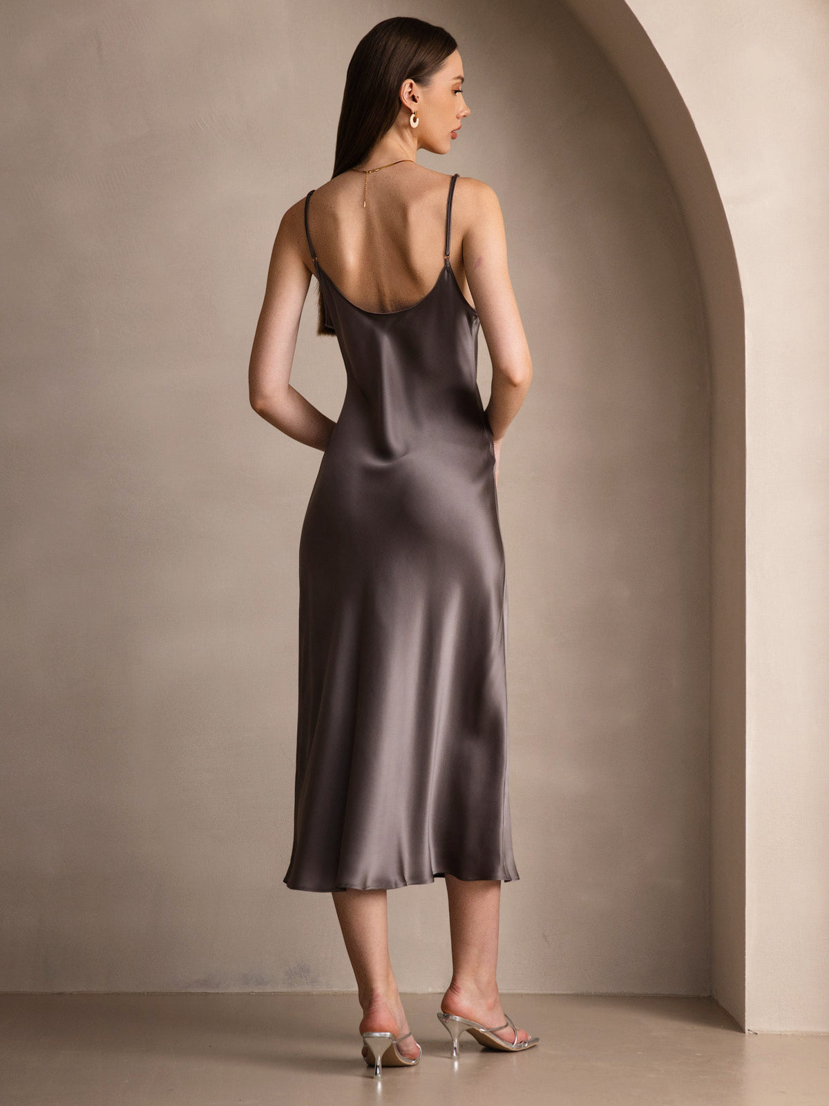 [Dark Khaki] SilkSilky-AU Spaghetti Strap V Neck Dress 002