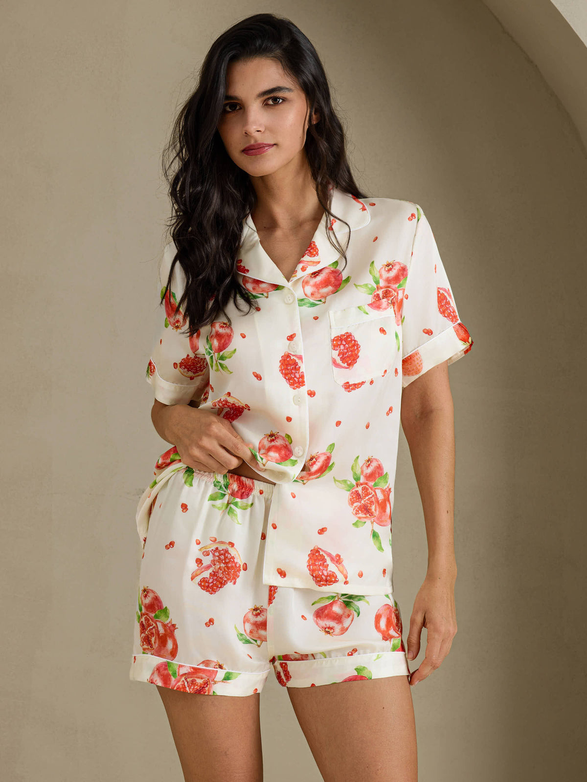 [White Pomegranate] SilkSilky-AU Short Sleeve Notch Collar Women's Pyjamas 001