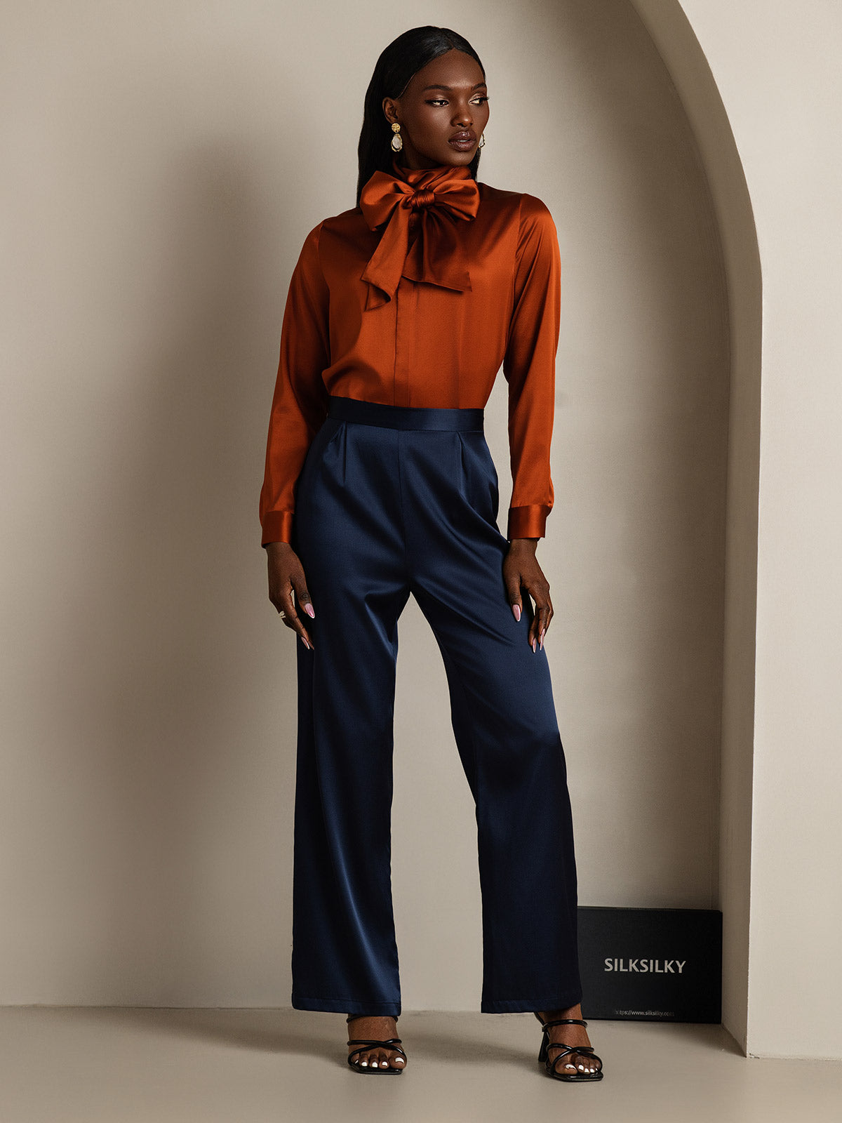 [Caramel] SilkSilky-AU 19Momme Silk Long Sleeve High Neck Blouse 006