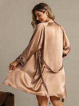 [Brown] SilkSilky-AU 3/4 Sleeve V Neck Nightgown&Dressing Gown Set 002