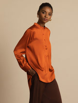 [Caramel] SilkSilky-AU 19Momme Stretch Silk Charmeuse Long Sleeve Stand Collar Blouse 003