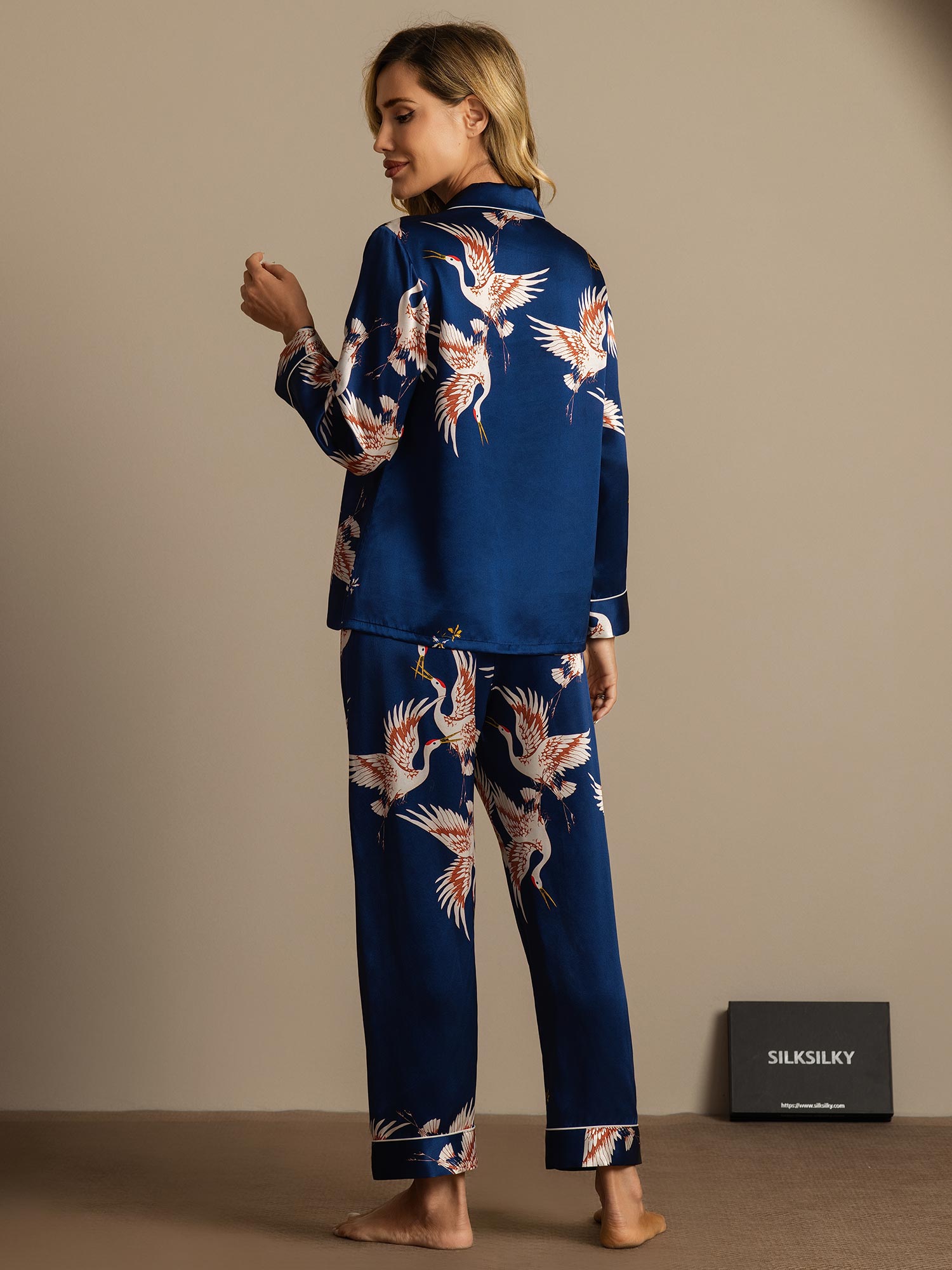 [Dark Blue] SilkSilky-AU 19Momme Long Sleeve Notch Collar Women's Pyjamas 008