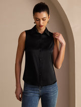 [Black] SilkSilky-AU Sleeveless Lapel Collar Women's Shirt 005