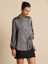 [Dark Gray] SilkSilky-AU 19Momme Stretch Silk Charmeuse Long Sleeve Stand Collar Blouse 005