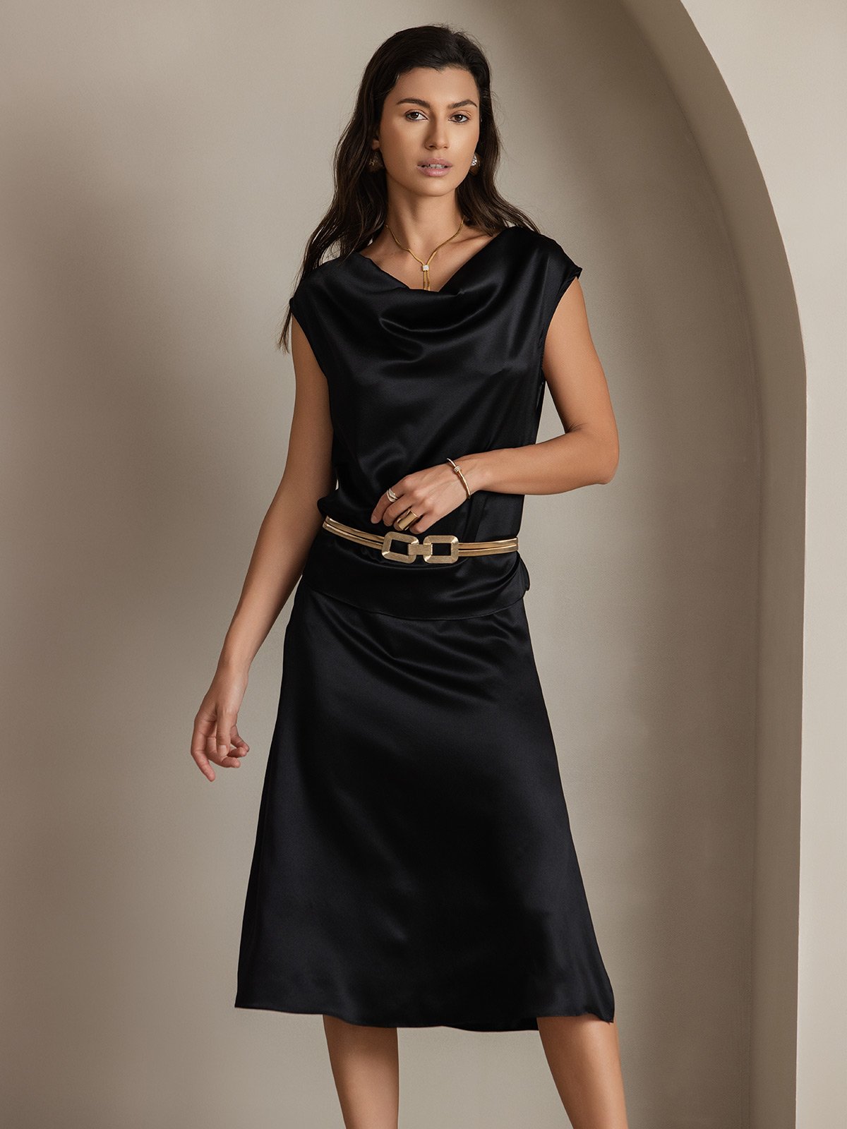 [Black] SilkSilky-AU 19Momme Silk Sleeveless Cowl Neck Women's T-Shirt 003