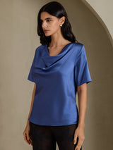 [Real Teal] SilkSilky-AU Short Sleeve Cowl Neck Women's Blouse 003