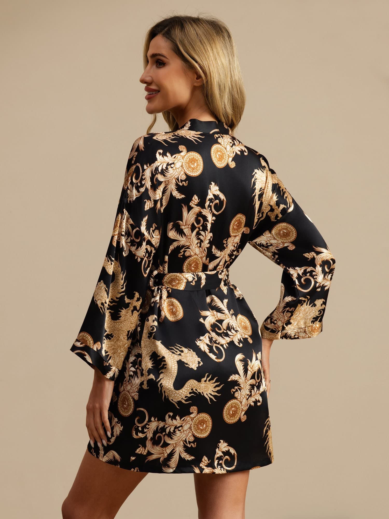 [Black Dragon] SilkSilky-AU 3/4 Sleeve V Neck Women's Dressing Gown 002