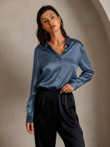 [Real Teal] SilkSilky-AU Long Sleeve Lapel Collar Women's Shirt 002