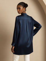 [Dark Blue] SilkSilky-AU 19Momme Stretch Silk Charmeuse Long Sleeve Stand Collar Blouse 002