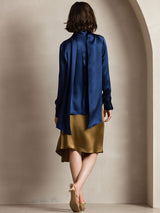 [Dark Blue] SilkSilky-AU 19Momme Long Sleeve High Neck Blouse 002