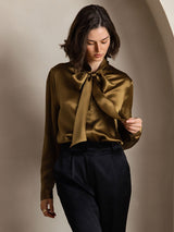 [Brown] SilkSilky-AU 19Momme Stretch Silk Charmeuse Long Sleeve Tie Neck Blouse 004