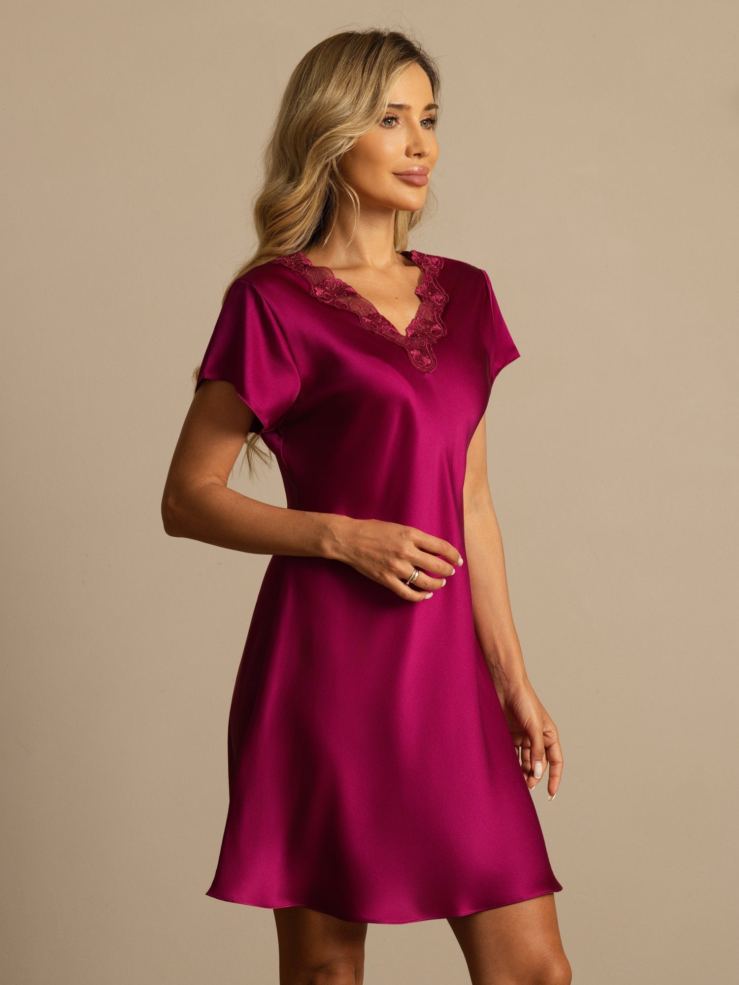[Wine] SilkSilky-AU Silk Short Sleeve V Neck Nightgown 005
