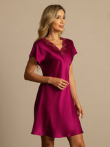 [Wine] SilkSilky-AU Short Sleeve V Neck Nightgown 005