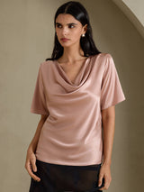 [Tuscany] SilkSilky-AU Short Sleeve Cowl Neck Women's Blouse 001