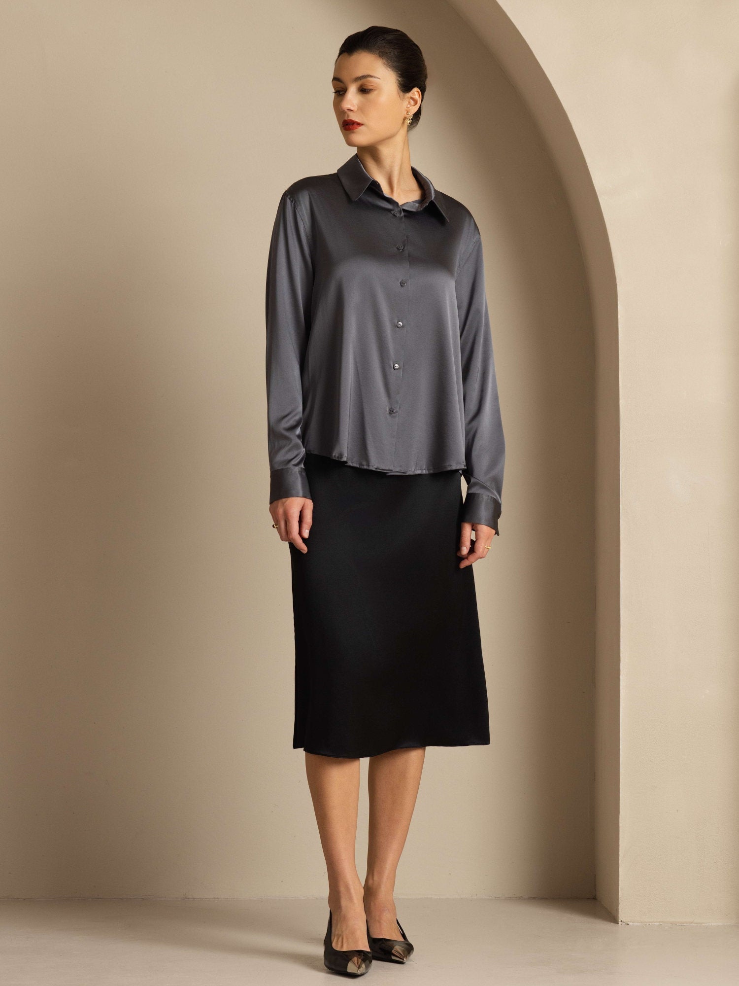 [Dark Gray] SilkSilky-AU 19Momme Stretch Silk Charmeuse Long Sleeve Lapel Collar Women's Shirt 008