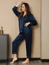 [Dark Blue] SilkSilky-AU Long Sleeve Lapel Collar Women's Pyjamas 001