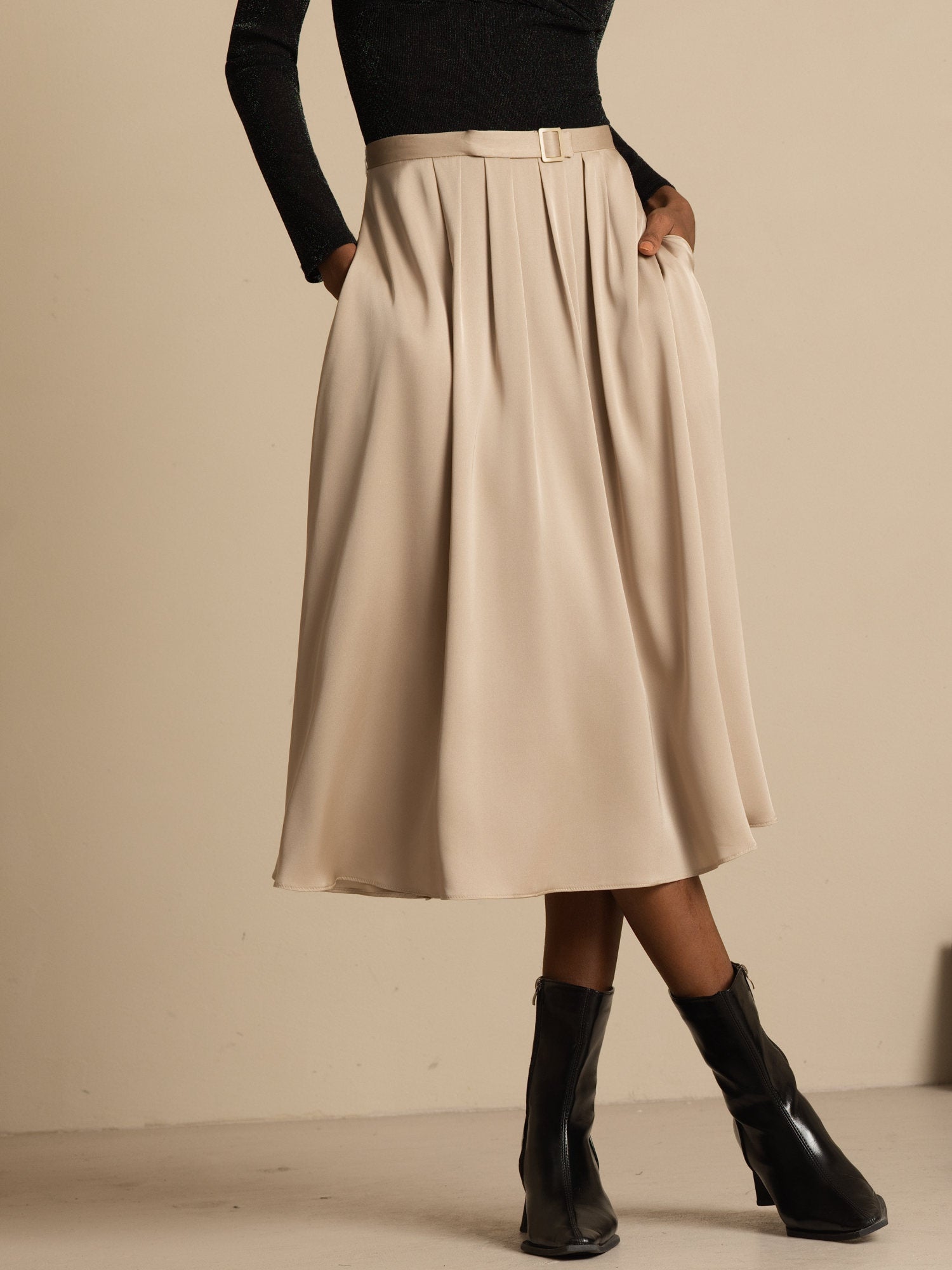 [Tan] SilkSilky-AU 19Momme Stretch Silk Double Georgette Skirt 001