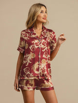 [Wine Dragon] SilkSilky-AU Short Sleeve Lapel Collar Women's Pyjamas 001