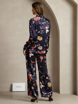 [Navy Floral] SilkSilky-AU 19Momme Silk Lapel Collar Women''s Outfit Sets 002