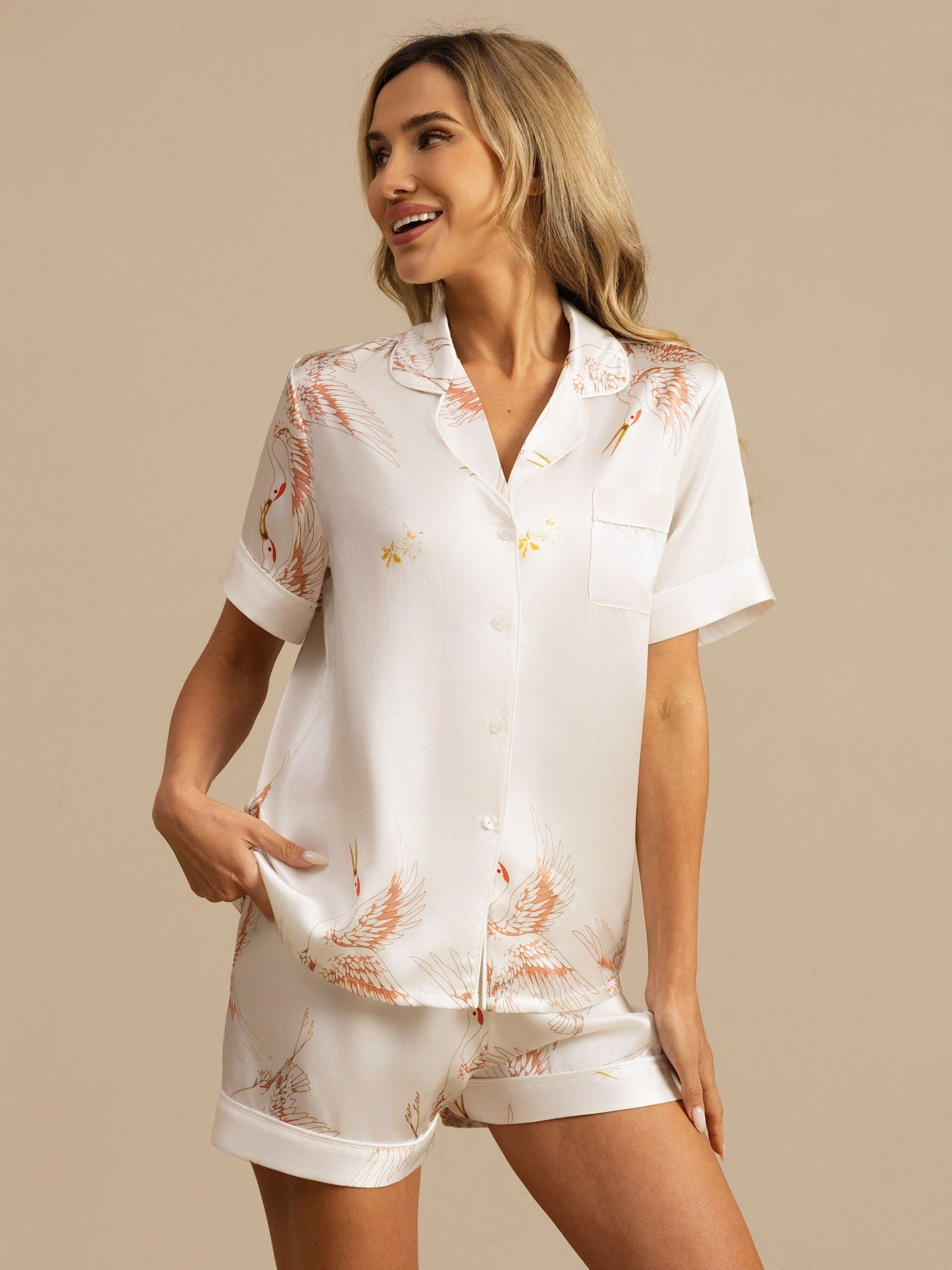 [White] SilkSilky-AU 19Momme Short Sleeve Notch Collar Women's Pyjamas 001