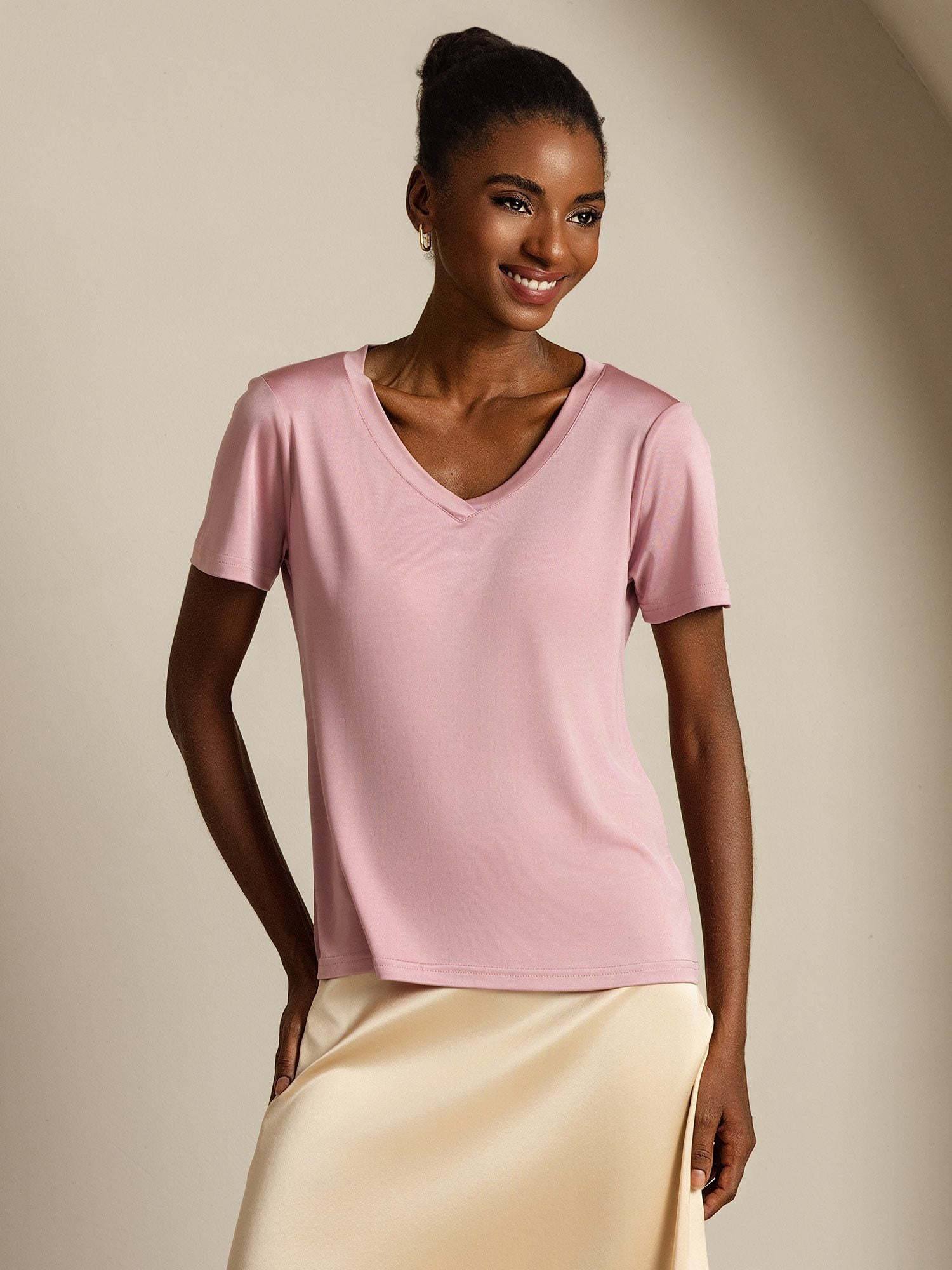 [PaleMauve] SilkSilky-AU Pure Silk V Neck Women's T-Shirt 001