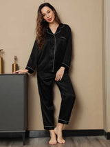 [Black] SilkSilky-AU Long Sleeve Lapel Collar Women's Pyjamas 004