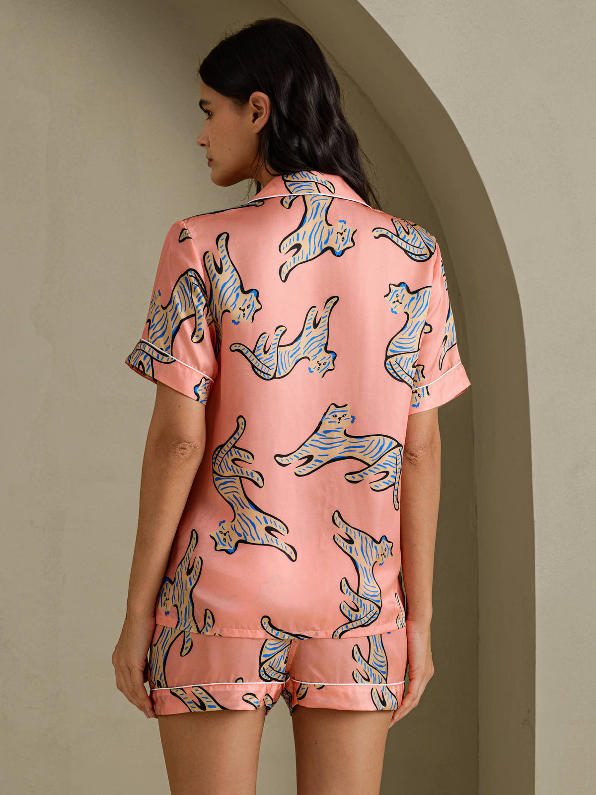 [Pink Cat] SilkSilky-AU Short Sleeve Lapel Collar Women's Pyjamas 002