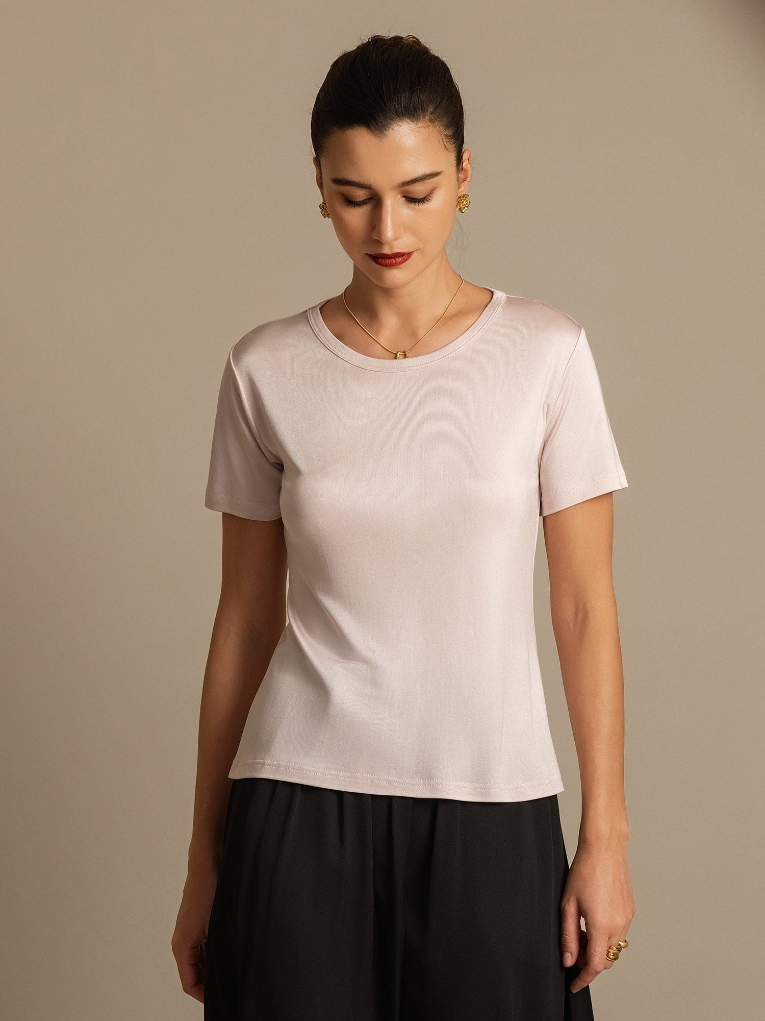 [Light Pink] SilkSilky-AU Silk Knitted Round Neck Women's T-Shirt 006