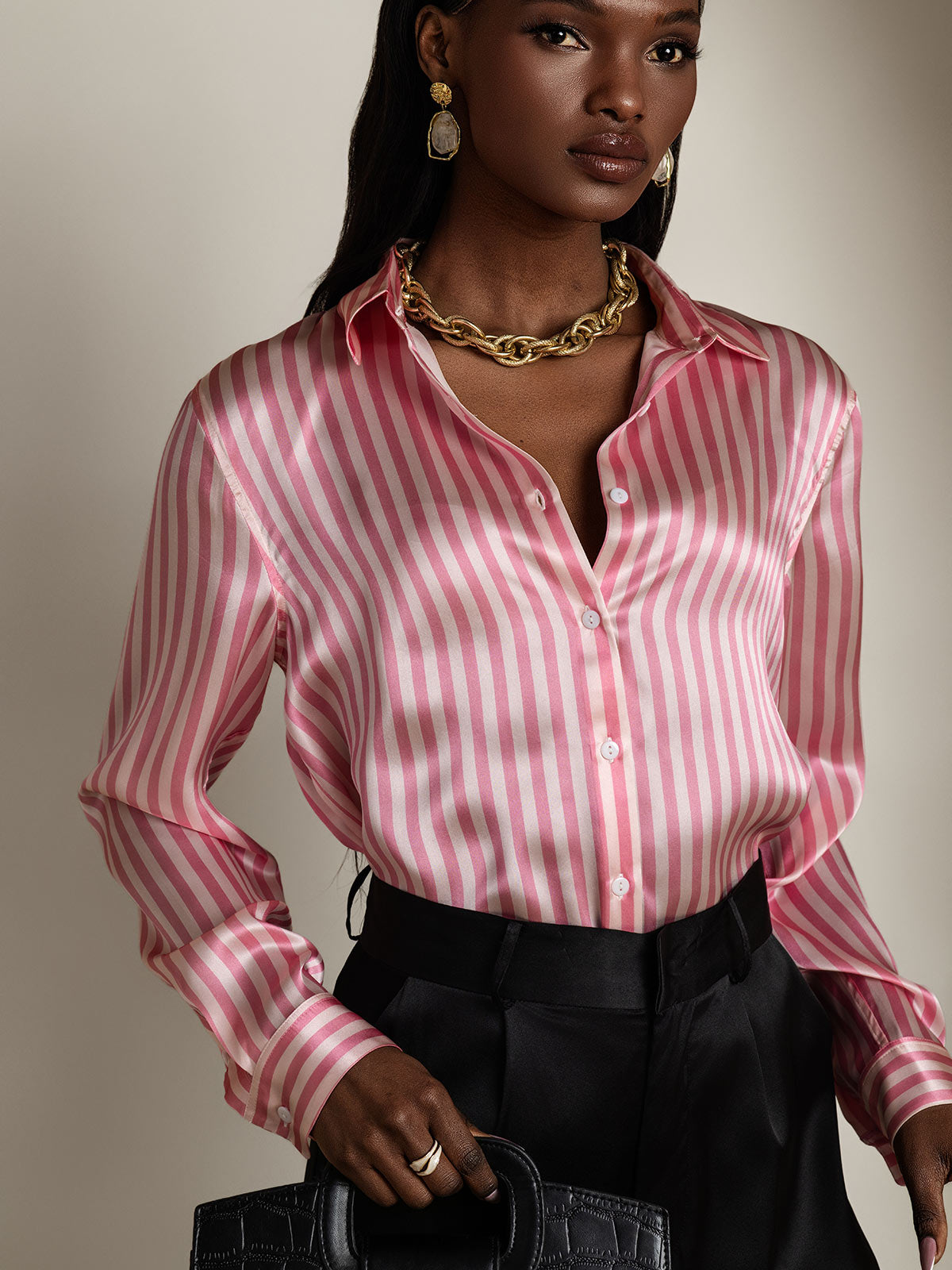 [Pink Stripe] SilkSilky-AU 19Momme Stretch Silk Charmeuse Long Sleeve Lapel Collar Women's Shirt 001