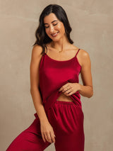 [Wine] SilkSilky-AU 19Momme Machine-Washable Silk Spaghetti Strap Scoop Neck Camisole Set 007