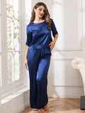 SilkSilky AU Pure Silk Half Sleeve Round Neck Women's Pyjamas DarkBlue 006