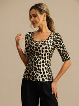 [Leopard] SilkSilky-AU 100% Silk Jersey Half Sleeve Scoop Neck Women's T-Shirt 003