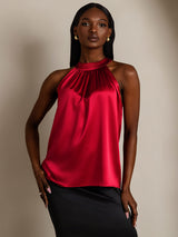 [Wine] SilkSilky-AU 19Momme Stretch Silk Charmeuse Sleeveless Halter Women's T-Shirt 004
