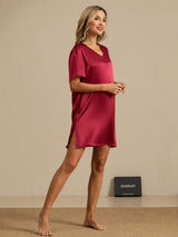 [Dark Red] SilkSilky-AU Half Sleeve V Neck Nightgown 006