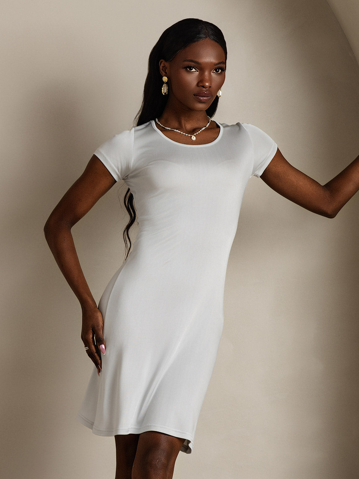 [White] SilkSilky-AU Silk Knitted Round Neck Nightgown 004,