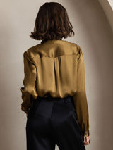 [Brown] SilkSilky-AU 19Momme Stretch Silk Charmeuse Long Sleeve Tie Neck Blouse 002