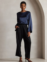 [Dark Blue] SilkSilky-AU Long Sleeve Boat Neck Blouse 007
