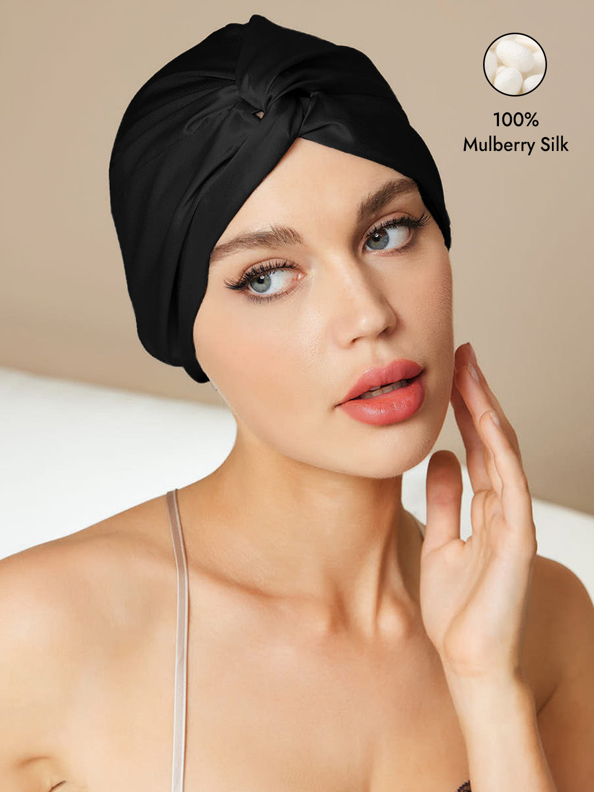 [Black] SilkSilky-AU Pure Silk Sleep Cap 001