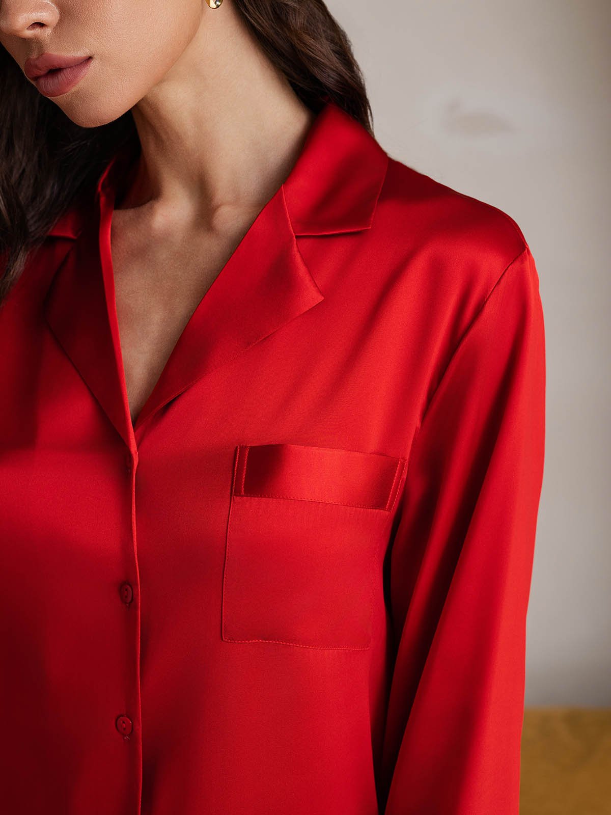 [Red] SilkSilky-AU Pure Silk Lapel Collar Nightgown 004
