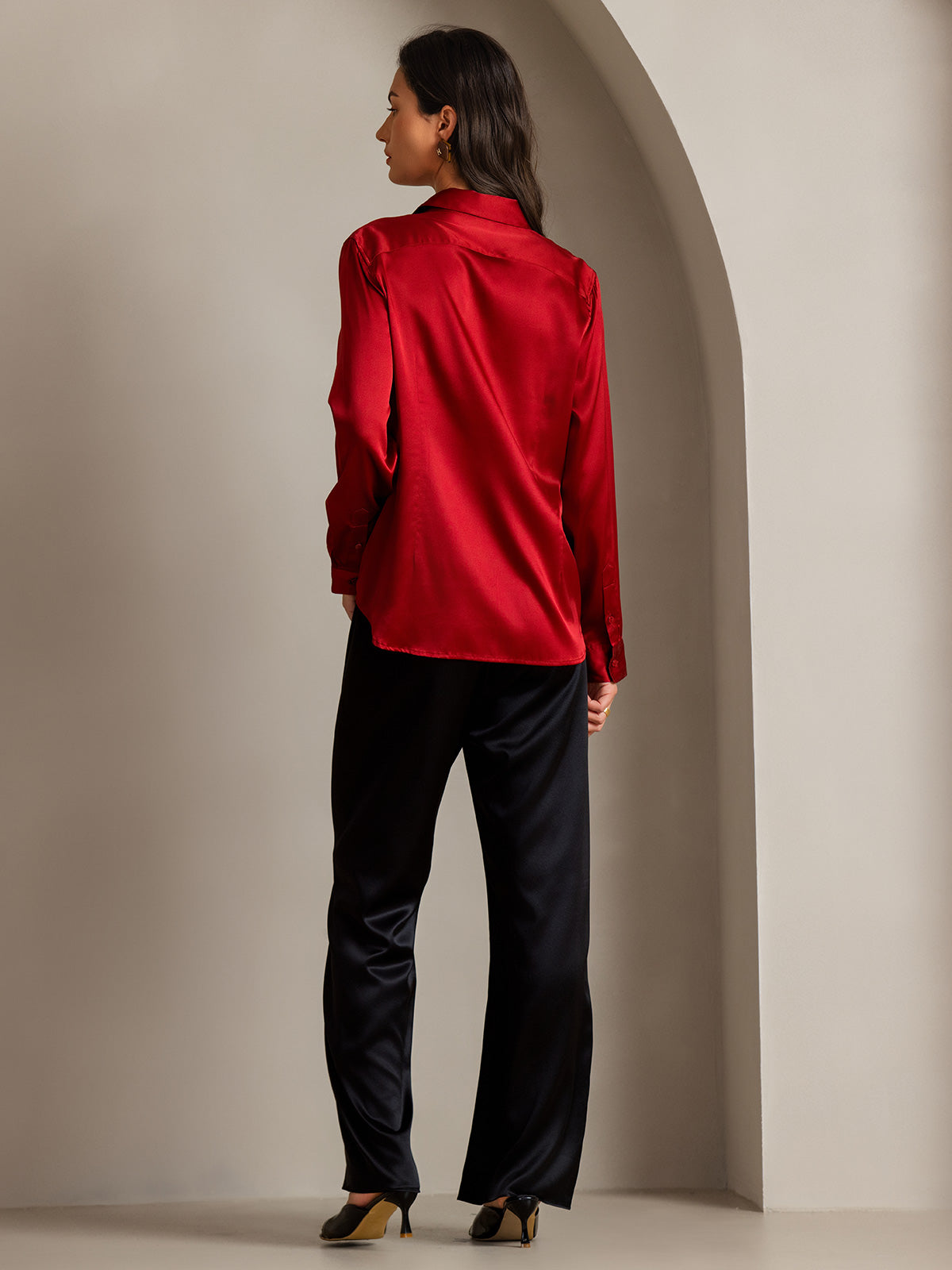 [Red] SilkSilky-AU Silk Long Sleeve Lapel Collar Women's Shirt 002