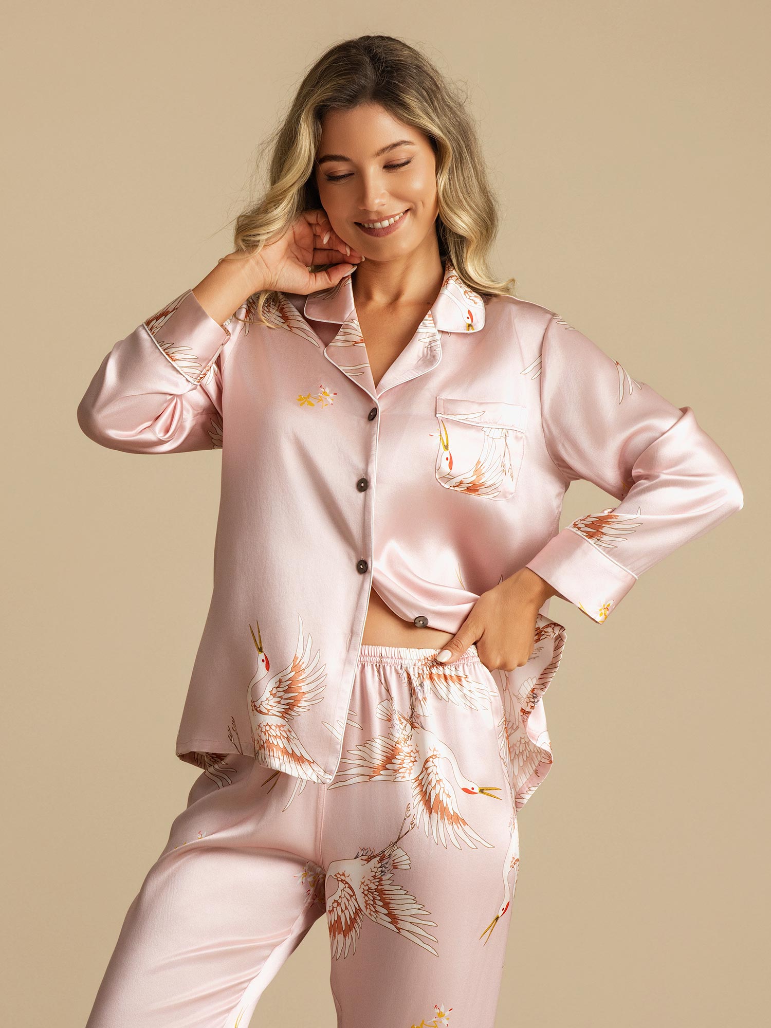 [Pink] SilkSilky-AU 19Momme Long Sleeve Notch Collar Women's Pyjamas 006