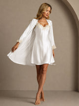 [White] SilkSilky-AU 3/4 Sleeve V Neck Nightgown&Dressing Gown Set 006