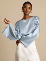 [Grayish Blue] SilkSilky-AU Long Sleeve Boat Neck Blouse 004