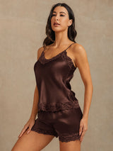 [Brown] SilkSilky-AU Sleeveless V Neck Camisole Set 001
