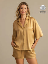 [Tan] SilkSilky-AU 19Momme Machine-Washable Silk Half Sleeve Notch Collar Women's Pyjamas 001
