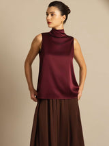 [Dark Red] SilkSilky-AU 19Momme Stretch Silk Charmeuse Sleeveless High Neck Blouse 008