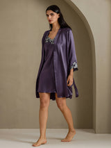 [Purple Gray] SilkSilky-AU 3/4 Sleeve V Neck Nightgown&Dressing Gown Set 003