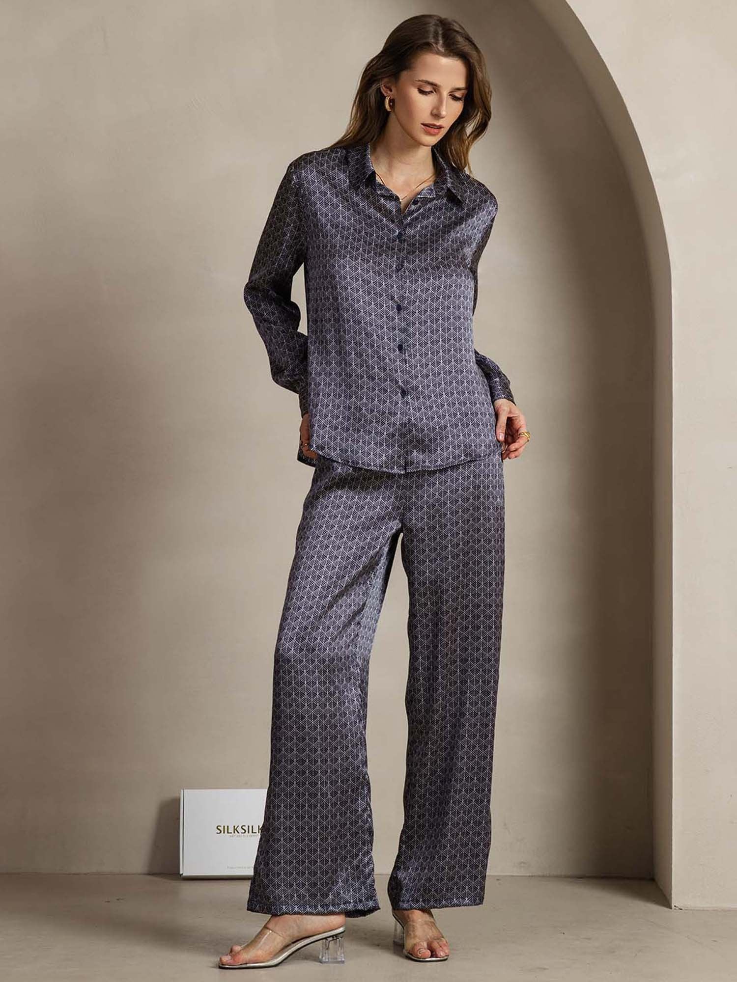 [NavyGinkgo] SilkSilky-AU 19Momme Silk Lapel Collar Women''s Outfit Sets 003